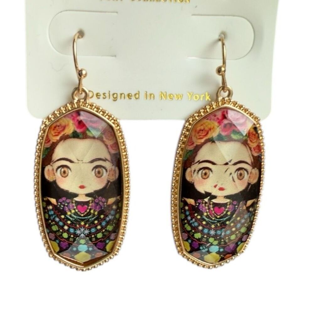 Brand New Owls Nest Jewelry Boutique Frida Kahlo Gold Hexagon Earrings